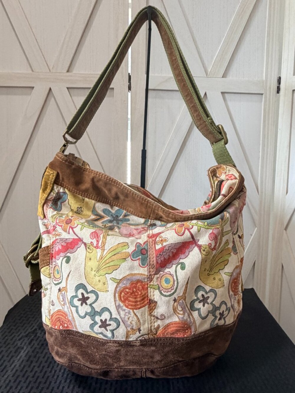 Lucky Brand Boho Hummingbird Floral Canvas Suede Hobo Shoulder Bag